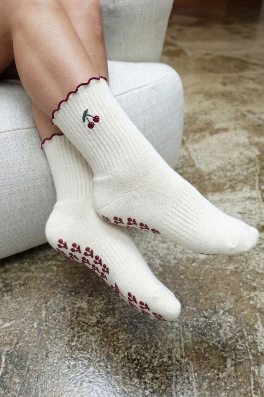 grip socks with embroided cherry and cherry grips